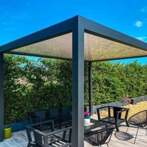 Pérgola bioclimática indep. Génova 4×3 m gris con lamas en blanco